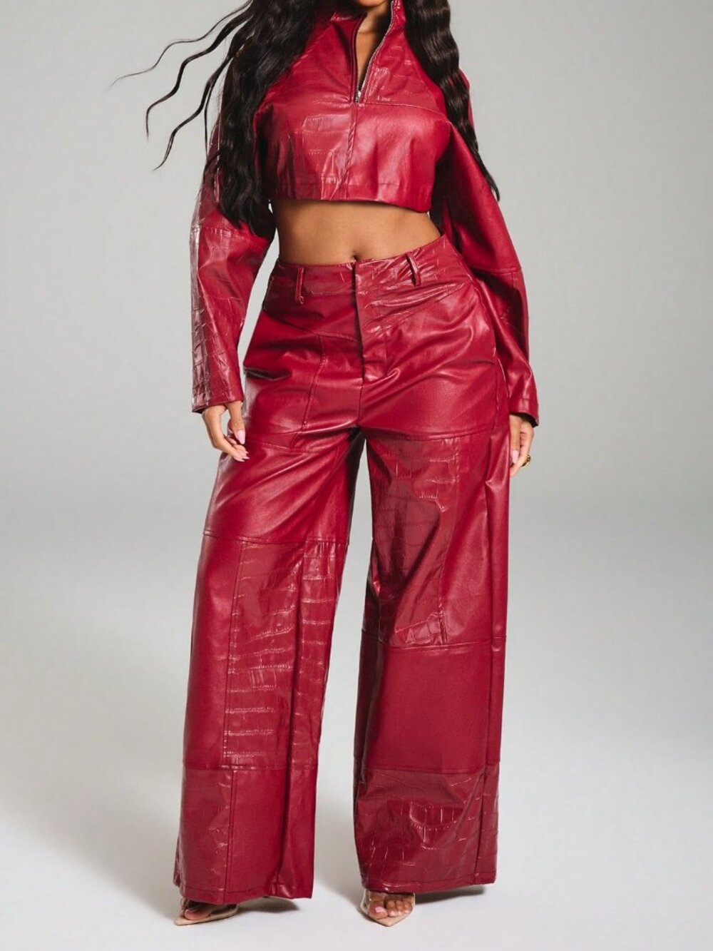 Red Preppy Women's Wide Leg High Waist Faux Leather Pants